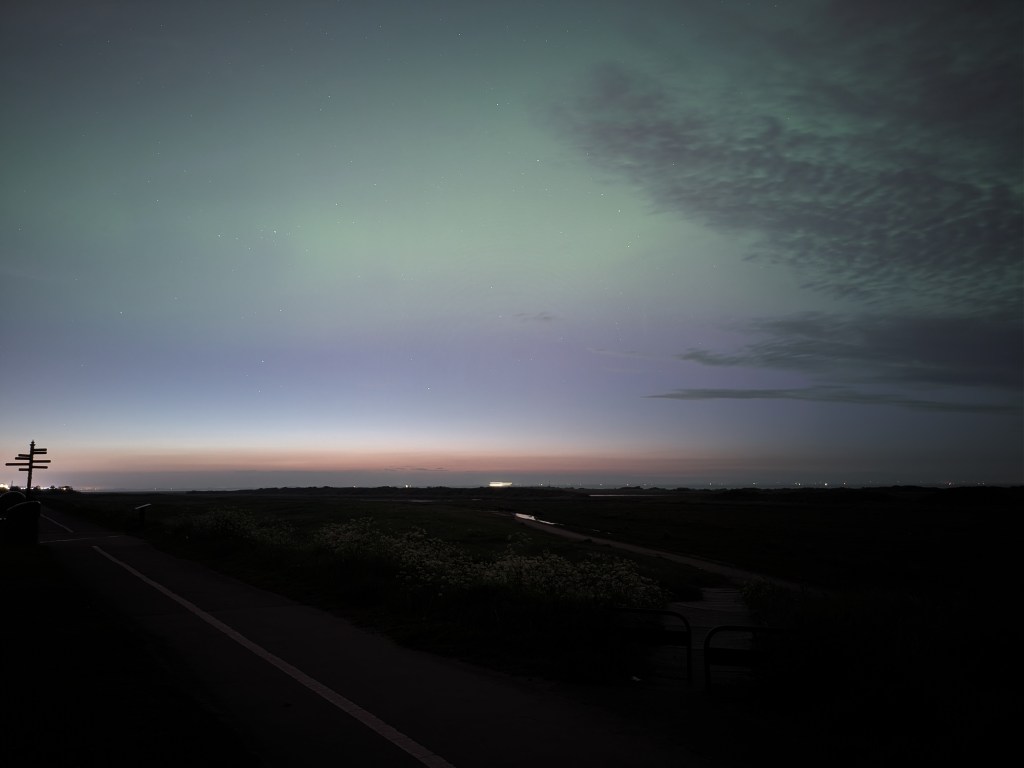 A green hue from the Northern Lights is seen above Cleethorpes in April 2024